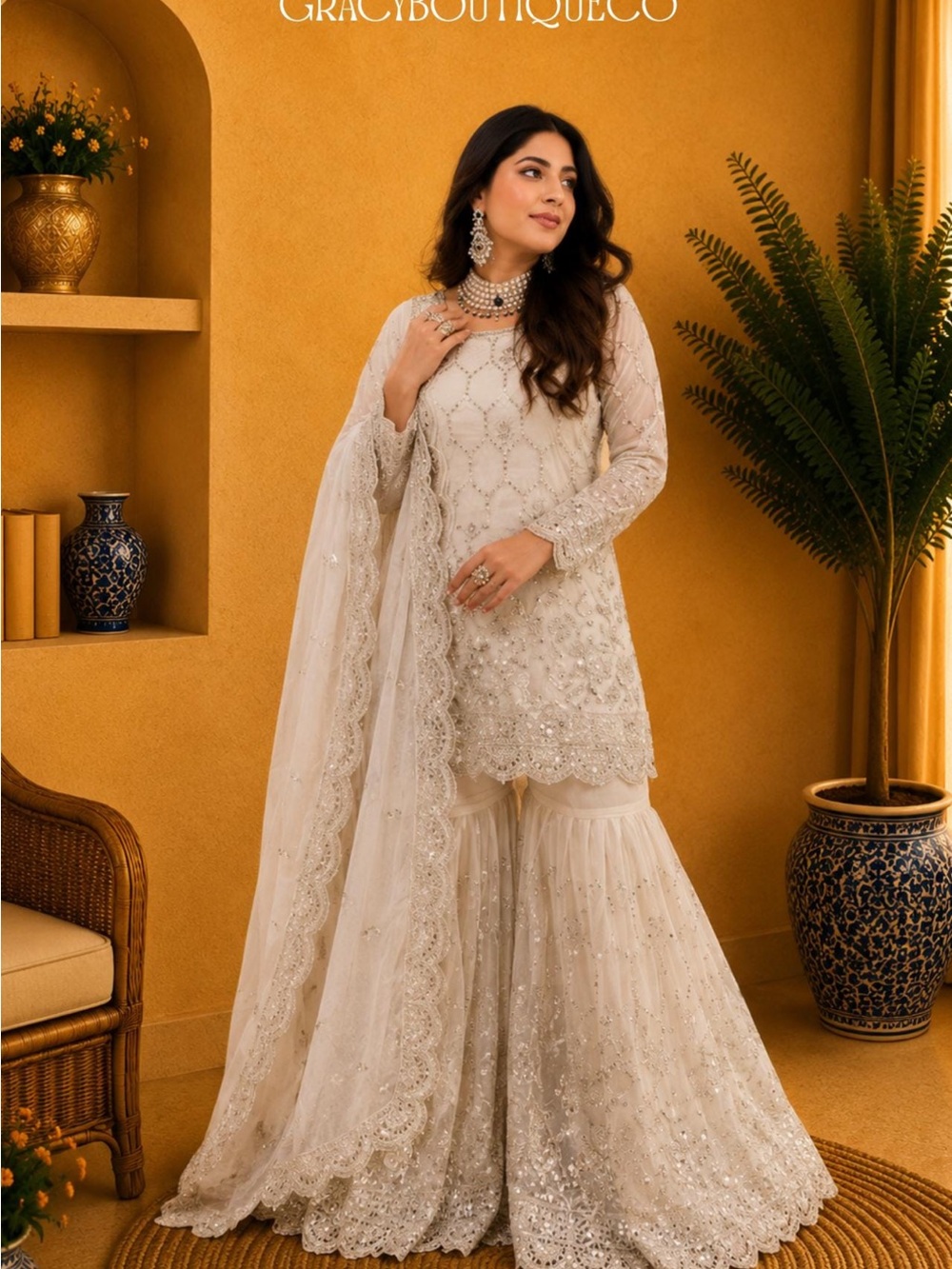 Embellished Ivory Salwar Maxi with Dupatta by